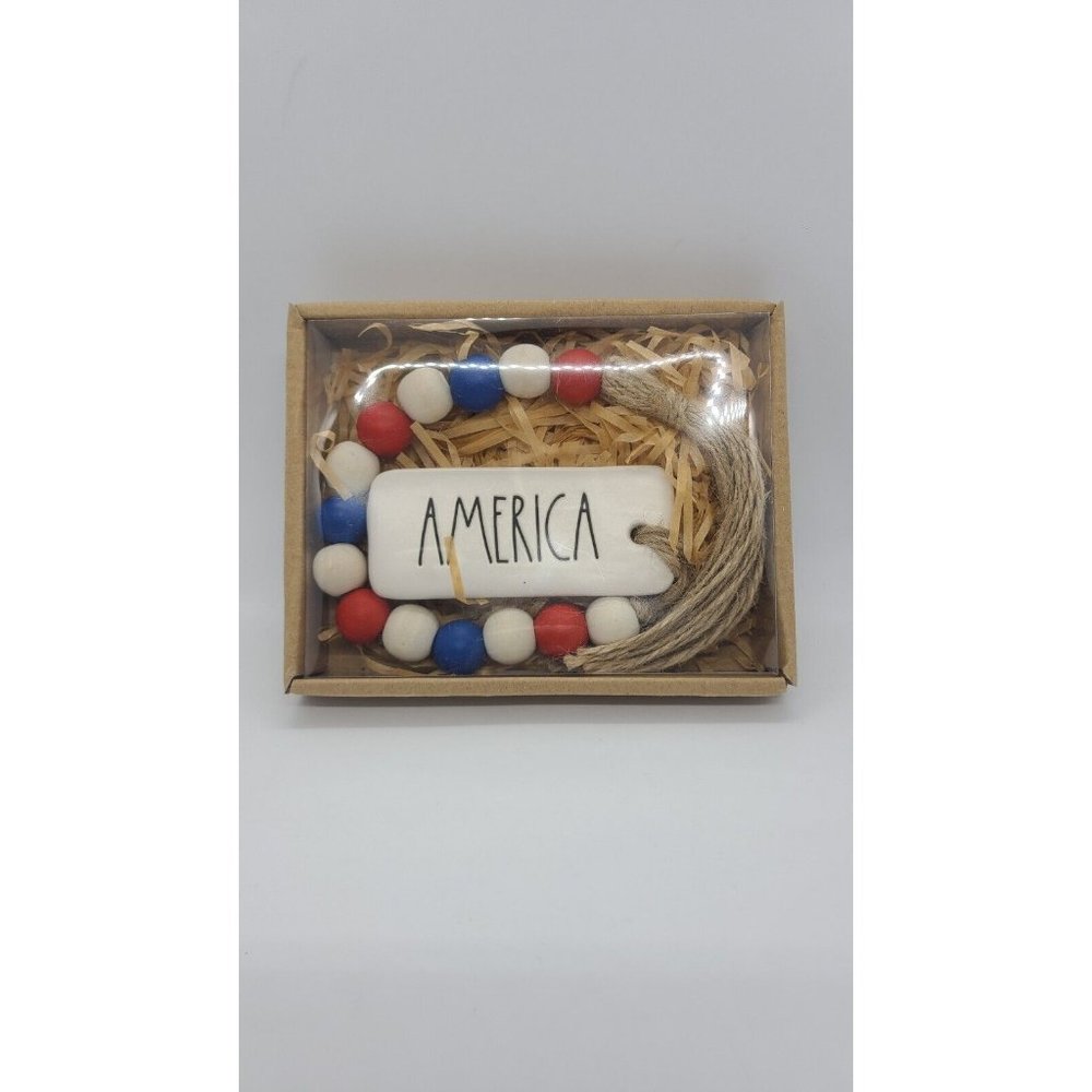 Rae Dunn "America" Red White And Blue Home Beads With Ceramic Plaque Wooden...